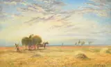 British, figures gathering hay onto a cart at dusk by J.W Oddie, watercolour, sold Jan 2023