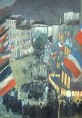 French, figures gathered in a busy city square at night with the French Tricolore in abundance by Théophile Steinlen, watercolour, sold Jan 2023