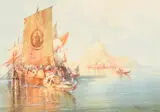 British, Sailing boats and gondolas gathered on a Venetian lagoon by William Knox, watercolour, sold Jan 2023