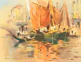 British, Moored sailing boats and a gondola on a Venetian canal by Frank Duffield, watercolour and pencil, sold Jan 2023