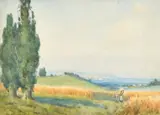 British, A landscape view in Spain, a woman and child carrying goods by Walter Burroughs Fowler, watercolour, sold Jan 2023