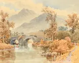 British, A North Wales landscape with figures on a bridge and cattle in the stream by William James Boddy, watercolour, sold Jan 2023