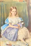 Portrait of a young girl seated with a doll, racquet and shuttlecock by William Percy, 1854, watercolour, sold Jan 2023
