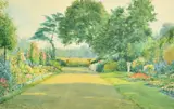 British, A view of a beautiful summer garden in bloom, a path with borders either side and iron gates in the distance by Henry John Sylvester Stannard, watercolour, sold Jan 2023