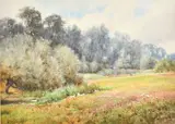 British, A group of ducks on the bank of a pond at the edge of a field with summer wildflowers by Lilian Stannard, 1900, watercolour, sold Jan 2023