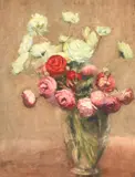Pink and white flowers in a glass vase by Katherine Turner, watercolour, offered Jan 2023