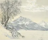 Austrian, An Alpine winter scene, colour etching on silk by Hans Figura, etching, sold Jan 2023