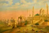 20TH CENTURY, FIGURES GATHERED IN AN EASTERN CITY WITH MINARETS AND TOWERS, oil on by J. Vilarels, oil on canvas, offered Jan 2023