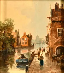 Dutch, A Dutch canal scene with buildings and figures unloading a barge by Erich Demmin, oil on panel, sold Dec 2022