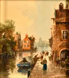 Dutch, A Dutch canal scene with buildings and figures unloading a barge by Erich Demmin, oil on panel, sold Dec 2022
