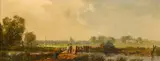 Dutch, A pair of rural landscapes one with figures crossing a bridge looking towards a town with houses, 3.5" x 9.5 by Erich Demmin, oil, sold Dec 2022