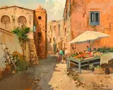 Italian, figures by a vegetable stand in an Italian town by Giuseppe Pesa, oil on canvas, sold Dec 2022