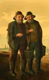 Austrian, two fishermen standing on the shore, both have clay pipes holding baskets and one with a fishing net over his shoulder by Konstantin Stoitzner, oil on canvas, offered Dec 2022