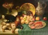 A still life of mixed fruit, dead game and a lobster on a plate, along with a jug, a bowl and a glass fruit bowl by Josef Dederichs, oil on canvas, offered Dec 2022