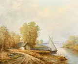 A river landscape with a dwelling and figures launching a sailing boat by R.P. Walter, oil on canvas, sold Dec 2022