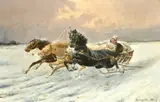 A troika racing through the snow by Constantin Baumgartner-Stoiloff, oil on canvas, sold Dec 2022