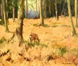 German, a lone deer feeding amongst woodland by Rudolf Inden, oil on canvas, offered Dec 2022