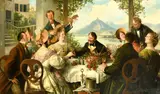 Danish, elegant figures drinking a toast on a vine-covered balcony overlooking a mountain lake by Hans August Lassen, 1909, oil on canvas, offered Dec 2022