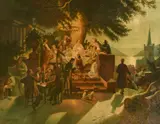 German, figures revelling beneath candlelight on a moonlit terrace overlooking a bay by Hans Hochgurtel, 1922, oil on canvas, offered Dec 2022