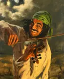 German, A Romani fiddler playing by the glow of firelight with the moon above by Fritz Muller, oil on canvas, sold Dec 2022