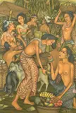 Indonesian, A Balinese village scene with female figures and livestock, tempera on canvas by Nyoman Darmana, oil, offered Dec 2022
