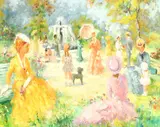 Belgian, Elegant figures, children and a dog gathered in a park near a fountain by Marguerite Aers, oil on canvas, offered Dec 2022