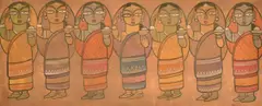 Indian, a scene of seven female standing figures, tempera on board by Jamini Roy, oil, sold Nov 2022