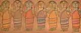 Indian, a scene of seven female standing figures, tempera on board by Jamini Roy, oil, sold Nov 2022