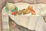 A tabletop still life study of mushrooms and vegetables by William de Belleroche, mixed media, offered Nov 2022