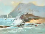 Waves breaking over rocks with sailboats in the distance by Frank Duffield, mixed media, offered Nov 2022