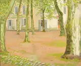 A view through the trees to the corner of the street by Robert Morson Hughes, oil on board, sold Nov 2022