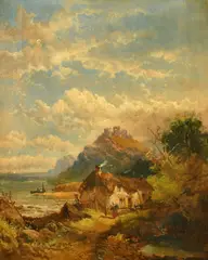 British, female figure leaving a cottage by the coast by Joseph Horlor, oil on canvas, offered Nov 2022