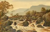British, water flowing through a rocky mountain river by Thomas Spinks, oil on canvas, sold Nov 2022