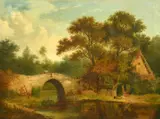 British, figures on a stone bridge by a cottage by John Berney Ladbrooke, oil on canvas, offered Nov 2022