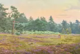 British, figures in a field of heather at dusk by Charles Ernest Butler, oil on board, offered Nov 2022