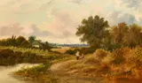 British, female figures resting by a riverside pathway by James Edwin Meadows, 1863, oil on canvas, offered Nov 2022