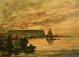 Dutch, a view of the station in Amsterdam from across the river at dusk by Cornelis de Bruin, oil on canvas, sold Nov 2022