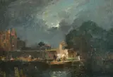 France, figures loading a boat by moonlight, possibly Venice by Gaston Roulet, oil on canvas, offered Nov 2022