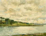 An extensive river landscape with a cloudy sky by John Falconer Slater, oil on board, sold Nov 2022