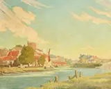 A river running through a hamlet with a moored sailing boat by George Keith de Blois Middlecoat, oil on canvas, offered Nov 2022