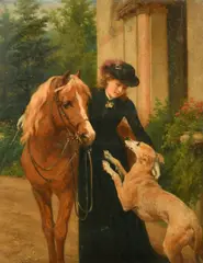 British, a female figure with her pony and dog beside a country house by George Augustus Holmes, oil on canvas, sold Nov 2022