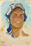Russian, a head study of a female by Vladimir Andreevich Korobov, oil on canvas, sold Nov 2022