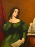 Portrait of a seated lady wearing a green dress and holding papers by J.K. Pelham, oil on board, sold Nov 2022