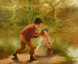 British, children angling on the banks of a river by William Helmsley, oil on canvas, offered Nov 2022