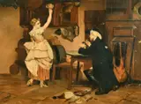 An interior kitchen scene with a seated man at a table and a woman reaching for a jug by V. Bateman, 1897, oil on canvas, sold Nov 2022
