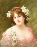 A portrait of a beauty with flowers in her hair by Émile Eisman-Semenowsky, oil on canvas, offered Nov 2022