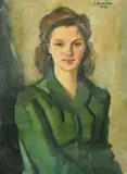 Portrait of a young woman wearing a green blouse by Gaetano Sparacino, 1946, oil on canvas, sold Nov 2022