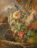 Austrian, a still life study of wildflowers by a mountain stream by Josef Schuster, oil on card, offered Nov 2022