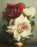 A still life of white and red roses with dew drops by Irene Klestova, oil on board, sold Nov 2022