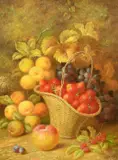 A still life of strawberries in a basket, apples, grapes, a peach and raspberries by R. Casper, oil on board, sold Nov 2022